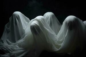 Ghosts under white sheets. AI generated photo