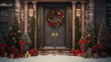A Christmas wreath is hanging on the front door. AI Generated photo