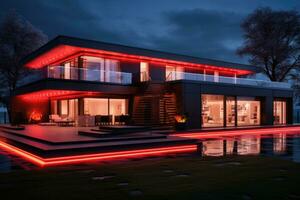 diseño de un moderno país casa con rojo neón Encendiendo. ai generado foto