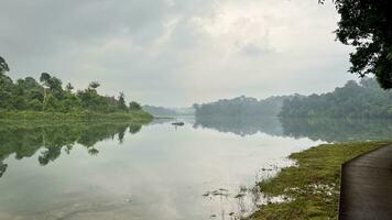 nature trial landscape for run and activity in Morning panorama of lake in the Lake District in Singapore reservoir photo