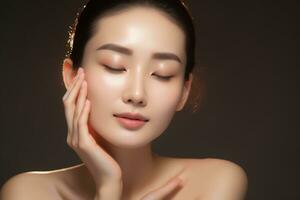 Beautiful asian women washing face with copy space on solid pastel background.Beauty,skin care and spa concept, Asian woman portrait.Created with Generative AI technology. photo