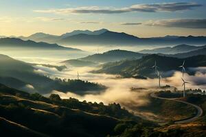 wind turbine farm with mountains ,sunset and sky.Renewable energy concept .Created with Generative AI technology. photo