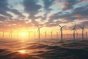 wind turbine farm with sea ,sunset and sky.Renewable energy concept .Created with Generative AI technology. photo