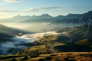 wind turbine farm with mountains ,sunset and sky.Renewable energy concept .Created with Generative AI technology. photo