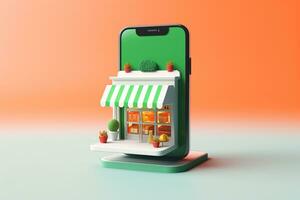 3d Smartphone with supermarket shop.online shopping concept.Created with Generative AI technology. photo