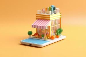 3d Smartphone with supermarket shop.online shopping concept.Created with Generative AI technology. photo