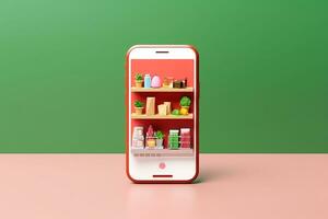 3d Smartphone with supermarket shop.online shopping concept.Created with Generative AI technology. photo