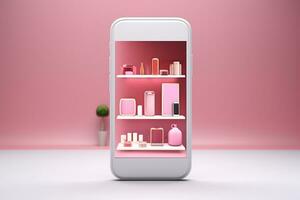 3d Smartphone with cosmetic shop.online shopping concept.Created with Generative AI technology. photo