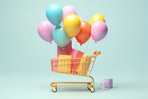 3d generated gift on the shopping cart and colorful balloon.online shopping and black friday concept.Created with Generative AI technology. photo