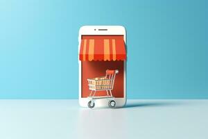 3d Smartphone with supermarket shop.online shopping concept.Created with Generative AI technology. photo