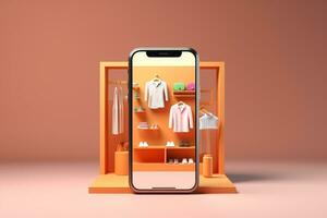 3d Smartphone with clothes shop.online shopping concept.Created with Generative AI technology. photo