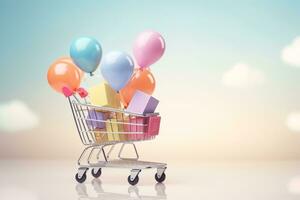 3d generated gift on the shopping cart and colorful balloon.online shopping and black friday concept.Created with Generative AI technology. photo