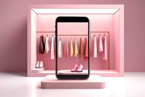 3d Smartphone with clothes shop.online shopping concept.Created with Generative AI technology. photo