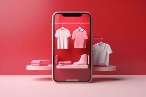 3d Smartphone with clothes shop.online shopping concept.Created with Generative AI technology. photo