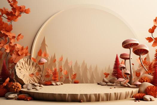 3D podium products display background with autumn leaves,mushrooms,animal on the left with copy space.Minimal background for products presentation.Created with Generative AI technology photo