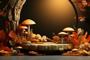 3D podium products display background with autumn leaves,mushrooms,animal on the left with copy space.Minimal background for products presentation.Created with Generative AI technology photo