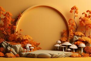 3D podium products display background with autumn leaves,mushrooms,animal on the left with copy space.Minimal background for products presentation.Created with Generative AI technology photo