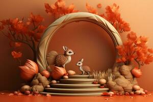 3D podium products display background with autumn leaves,mushrooms,animal on the left with copy space.Minimal background for products presentation.Created with Generative AI technology photo