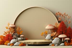 3D podium products display background with autumn leaves,mushrooms,animal on the left with copy space.Minimal background for products presentation.Created with Generative AI technology photo