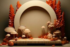 3D podium products display background with autumn leaves,mushrooms,animal on the left with copy space.Minimal background for products presentation.Created with Generative AI technology photo