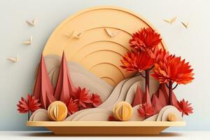 3D podium products display background with autumn leaves,mushrooms,animal on the left with copy space.Minimal background for products presentation.Created with Generative AI technology photo