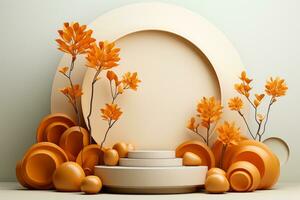 3D podium products display background with autumn leaves,mushrooms,animal on the left with copy space.Minimal background for products presentation.Created with Generative AI technology photo
