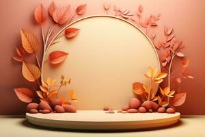 3D podium products display background with autumn leaves,mushrooms,animal on the left with copy space.Minimal background for products presentation.Created with Generative AI technology photo
