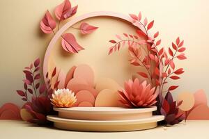 3D podium products display background with autumn leaves,mushrooms,animal on the left with copy space.Minimal background for products presentation.Created with Generative AI technology photo