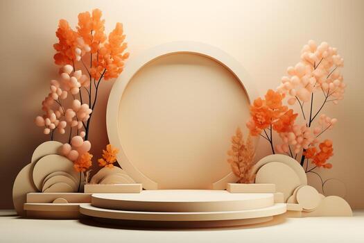 3D podium products display background with autumn leaves,mushrooms,animal on the left with copy space.Minimal background for products presentation.Created with Generative AI technology photo