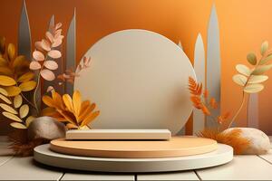 3D podium products display background with autumn leaves,mushrooms,animal on the left with copy space.Minimal background for products presentation.Created with Generative AI technology photo