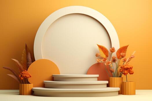 3D podium products display background with autumn leaves,mushrooms,animal on the left with copy space.Minimal background for products presentation.Created with Generative AI technology photo