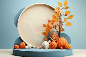 3D podium products display background with autumn leaves,mushrooms,animal on the left with copy space.Minimal background for products presentation.Created with Generative AI technology photo