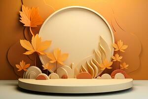 3D podium products display background with autumn leaves,mushrooms,animal on the left with copy space.Minimal background for products presentation.Created with Generative AI technology photo