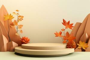 3D podium products display background with autumn leaves,mushrooms,animal on the left with copy space.Minimal background for products presentation.Created with Generative AI technology photo