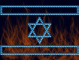 Israeli flag on a background of fire. The symbols of Israel are based on the Penrose triangle. Monolithic basis of Israeli symbols based on unusual figures with violations of the laws of geometry. photo