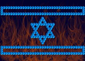 Israeli flag on a background of fire. The symbols of Israel are based on the Penrose triangle. Monolithic basis of Israeli symbols based on unusual figures with violations of the laws of geometry. photo