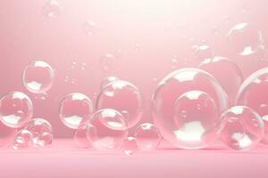 Close up of water with bubbles on a pink background for cosmetic background.Created with Generative AI technology. photo