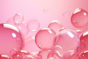 Close up of water with bubbles on a pink background for cosmetic background.Created with Generative AI technology. photo