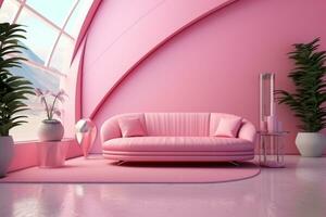 futurismo rosado vivo habitación con Copiar con sofá y plantas espacio en el futuro.creado con generativo ai tecnología. foto