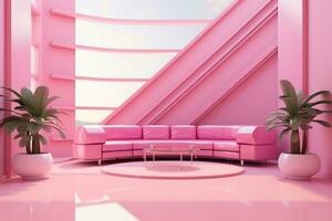 Futurism pink living room with copy with sofa and plants space in the future.Created with Generative AI technology. photo