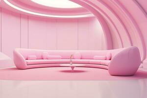 Futurism pink living room with copy with sofa and plants space in the future.Created with Generative AI technology. photo