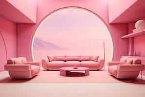 futurismo rosado vivo habitación con Copiar con sofá y plantas espacio en el futuro.creado con generativo ai tecnología. foto