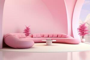 Futurism pink living room with copy with sofa and plants space in the future.Created with Generative AI technology. photo