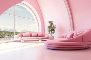 Futurism pink living room with copy with sofa and plants space in the future.Created with Generative AI technology. photo