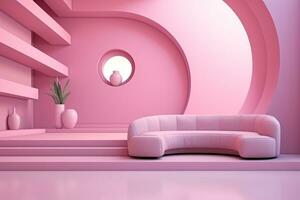 Futurism pink living room with copy with sofa and plants space in the future.Created with Generative AI technology. photo