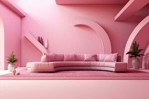 futurismo rosado vivo habitación con Copiar con sofá y plantas espacio en el futuro.creado con generativo ai tecnología. foto
