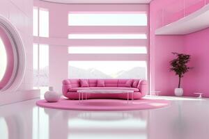 Futurism pink living room with copy with sofa and plants space in the future.Created with Generative AI technology. photo