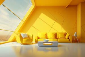 Futurism yellow living room with copy with sofa and plants space in the future.Created with Generative AI technology. photo