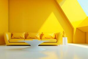 futurismo amarillo vivo habitación con Copiar con sofá y plantas espacio en el futuro.creado con generativo ai tecnología. foto