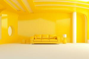 futurismo amarillo vivo habitación con Copiar con sofá y plantas espacio en el futuro.creado con generativo ai tecnología. foto